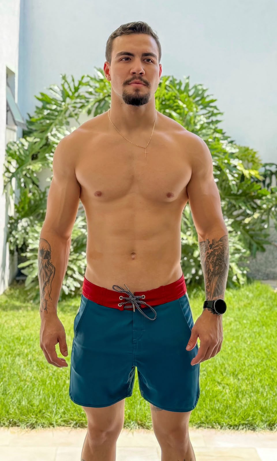 Bermuda Boardshort Beachwear Bordô Azul e Bege - Imagem 2